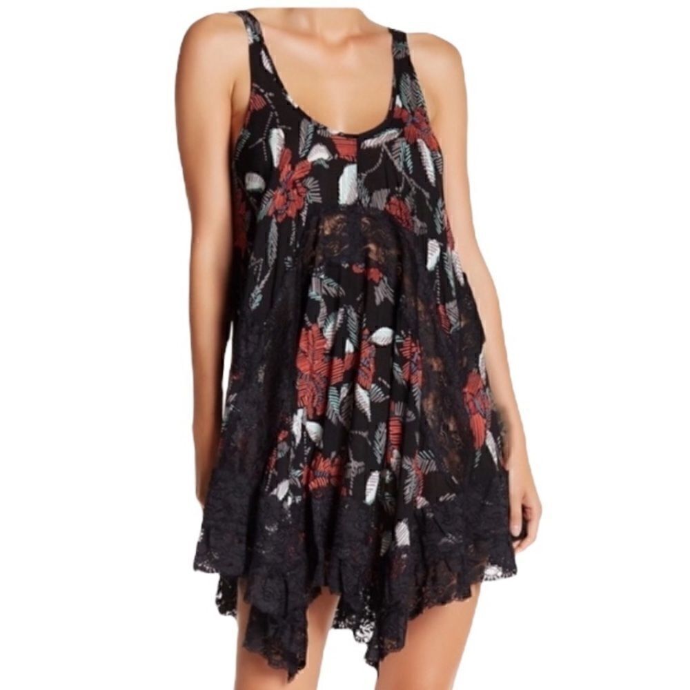 Free People She Swings Lace-Detail Slip Dress in Black Combo in XS